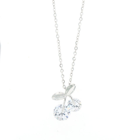 Silver white diamond cherry fruit pendant with chain