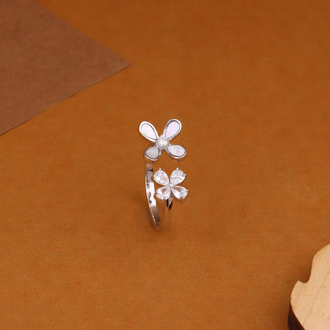 flower with White Stone-Studded Adjustable Finger Ring