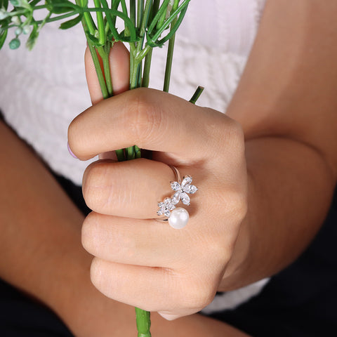 Silver-Toned White Stone Studded Flower Ring