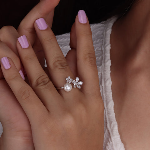 Silver-Toned White Stone Studded Flower Ring