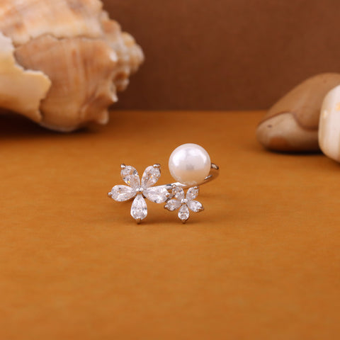 Silver-Toned White Stone Studded Flower Ring