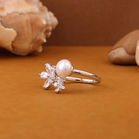 Silver-Toned White Stone Studded Flower Ring