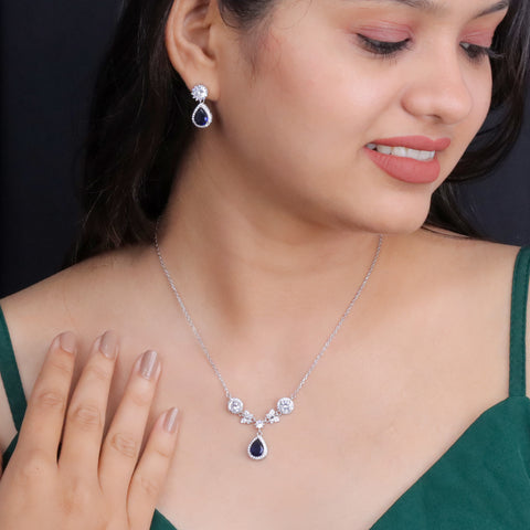 925 Sterling Silver Sapphire Teardrop CZ Necklace & Earrings Set