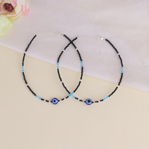 925 Sterling Silver Evil Eye Black Beads Anklet For Girl