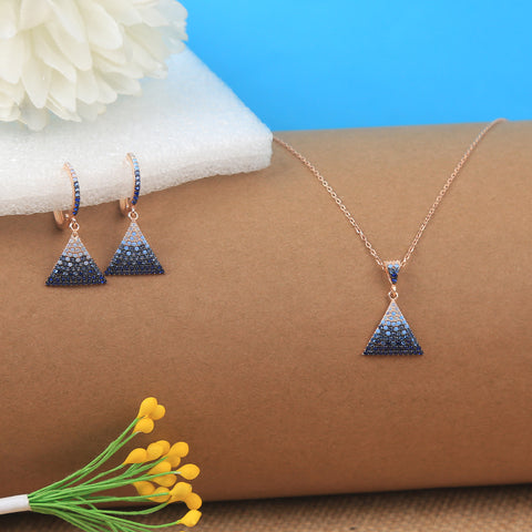 Rose Gold Triangle Shape Multi Diamond Necklace With Earring