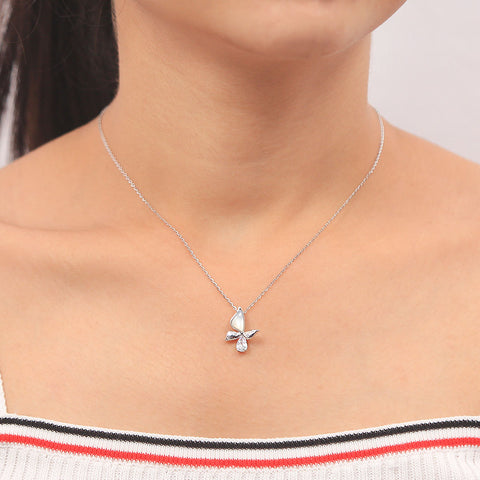 Silver Cz With Mother of Pearl Butterfly Pendant With Chain