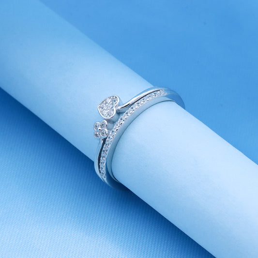 925  Silver Mini flower with heart diamond adjustable ring
