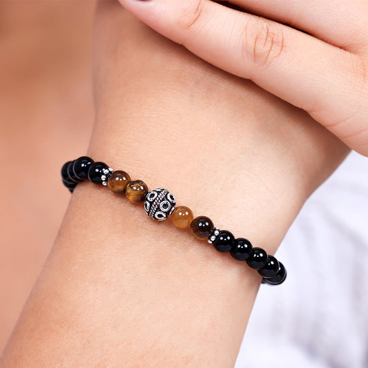 Black Onyx and Tiger Eye Stretch Bracelet in Sterling Silver Bali Beads