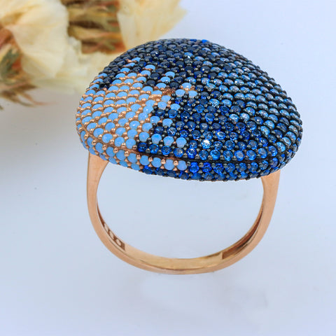 Rose Gold Oval Shape Blue Sapphires Multi Diamond Ring