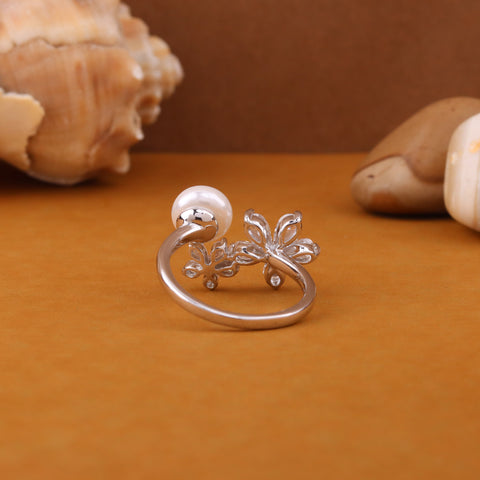 Silver-Toned White Stone Studded Flower Ring