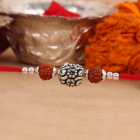 Big Bali Flower Design With Dual Rudraksha Silver Rakhi