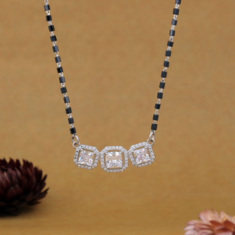 92.5 Silver Triple Cushion Solitaire Mangalsutra For Women