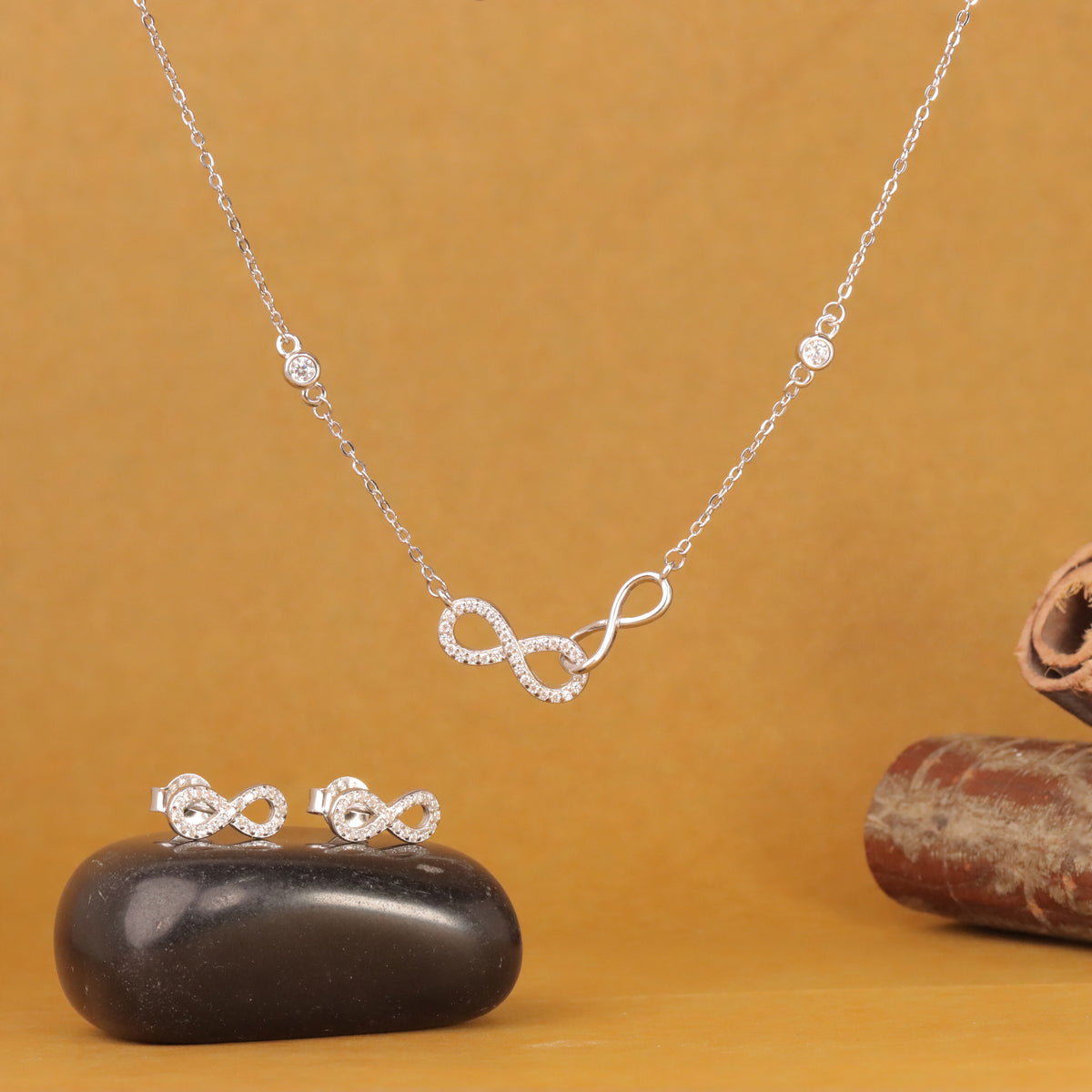 925 Sterling Silver Infinity Diamond Necklace & Earrings Set