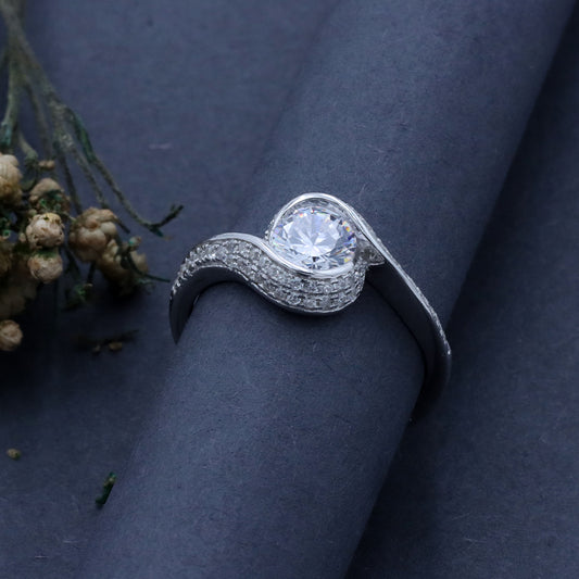 925 Silver carved corner block wave diamond engagement ring