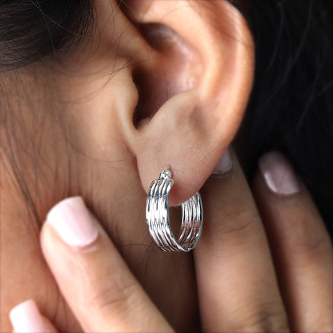 925 Silver Textured Ribbed Hoop Earrings for Women