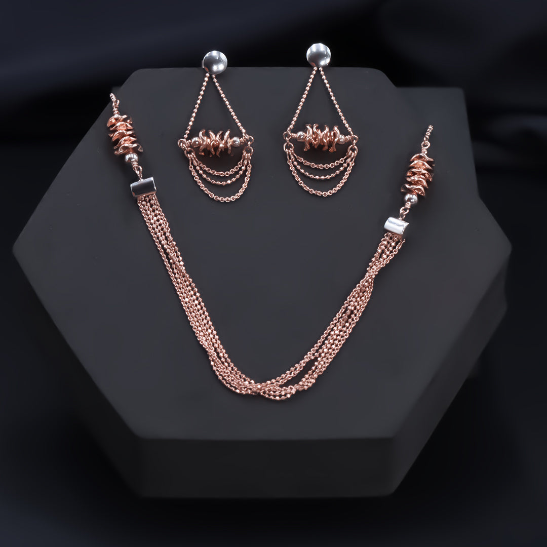 Rose gold beads necklace with earrings
