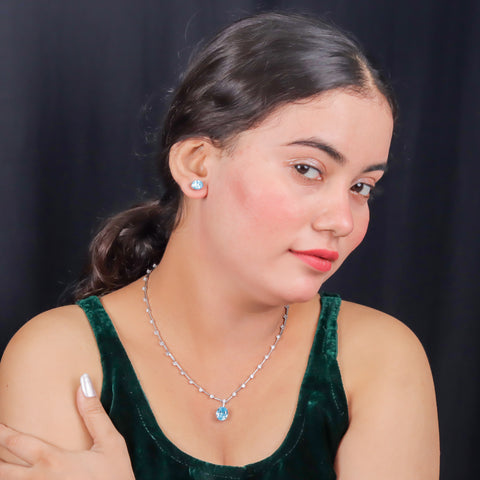 Silver CZ Round Brilliant Station Blue Oval Shape Sapphire Necklace