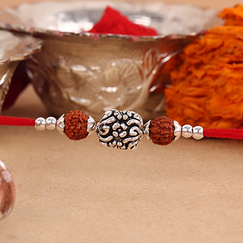 Big Bali Flower Design With Dual Rudraksha Silver Rakhi