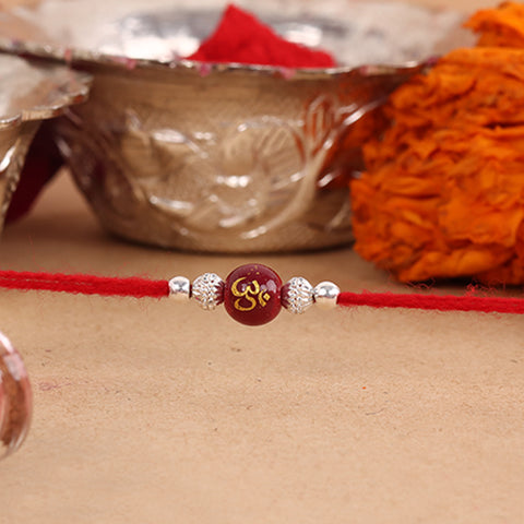 Maroon Om Stone With Silver Beads Rakhi