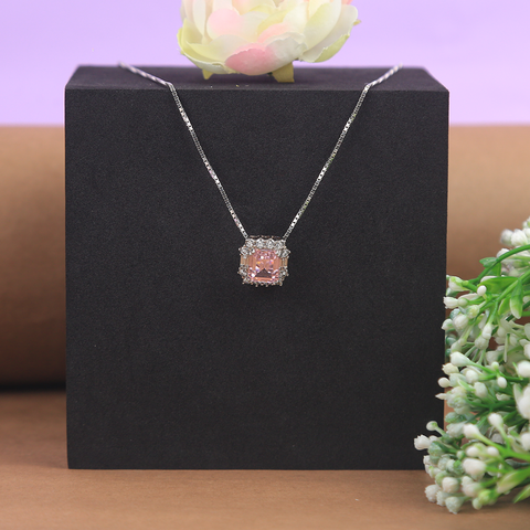 Silver Square Emerald Cut Pink Sapphire Pendant With Chain