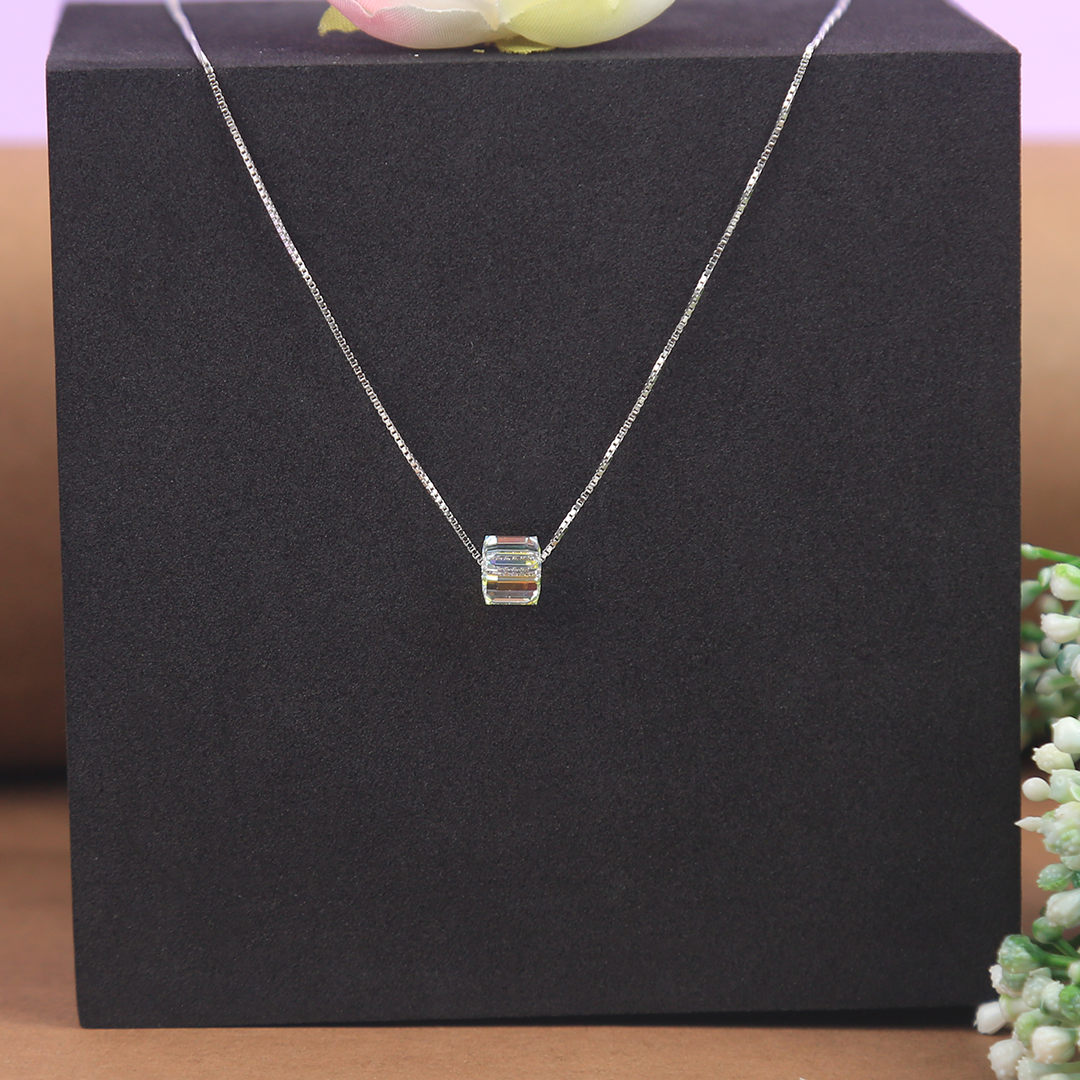 Silver White Shiny Color Change Cube Pendant With Chain