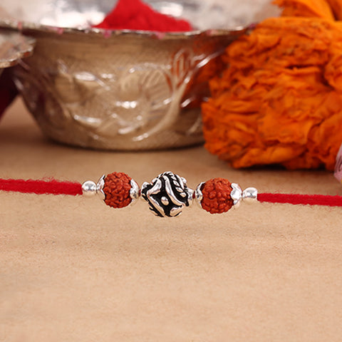 Silver Curve Design Bali Beads Rudraksha With Moti Rakhi
