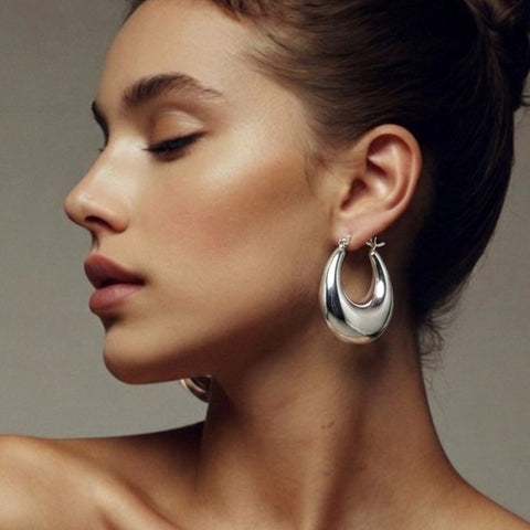 925 Silver Bold Oval Hoop Earrings for Women
