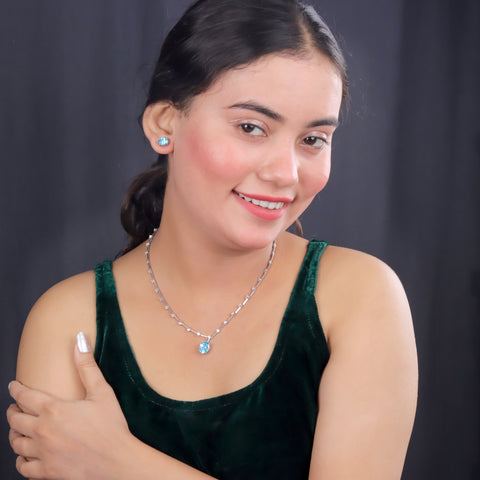 Silver CZ Round Brilliant Station Blue Oval Shape Sapphire Necklace