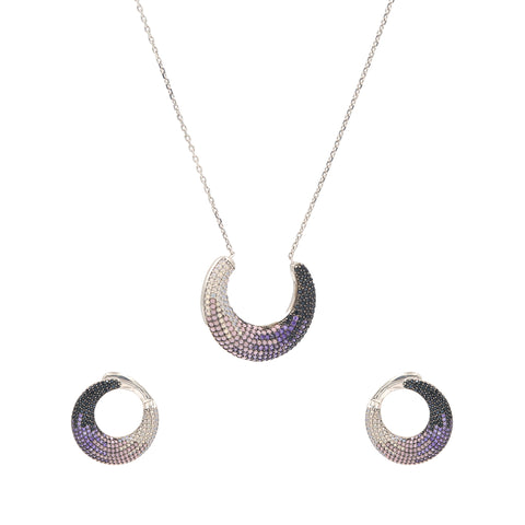 Silver Multi Color CZ Crescent Necklace With Earrings Set