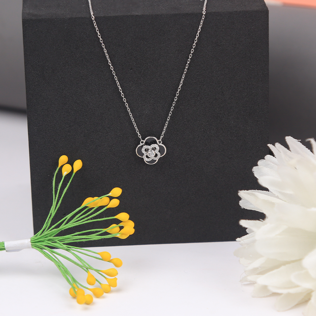 Black Flower Pendant With Rhinestone Silver Necklace