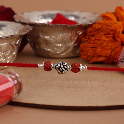 Silver Curve Design Bali Beads Rudraksha With Moti Rakhi