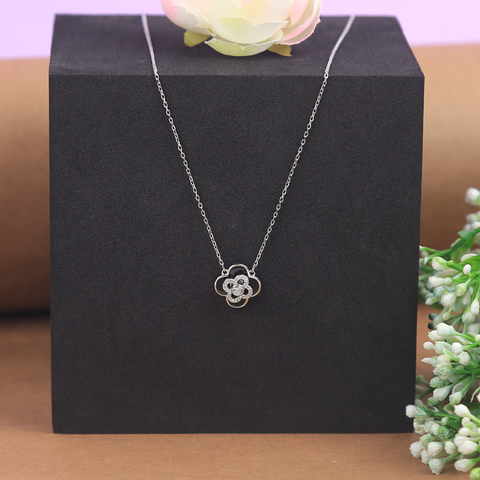 Black Flower Pendant With Rhinestone Silver Necklace