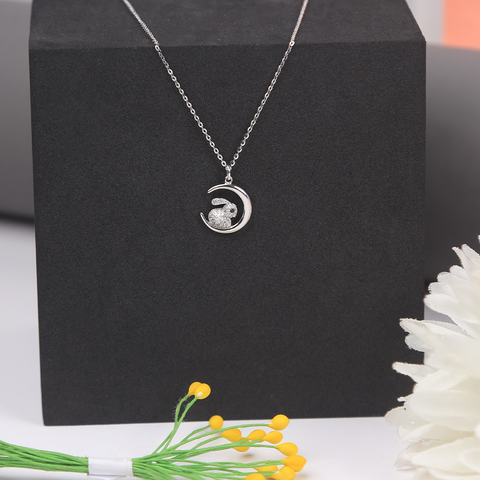 Silver Half Moon In Rabbit Pendant With Chain