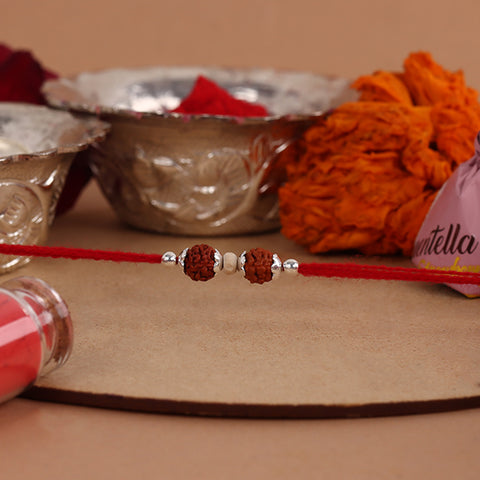 Dual Rudraksh With Chandan Silver Beads Rakhi