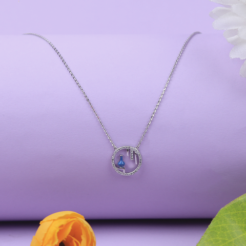 Silver Round With Blue Vase Pendant With Chain