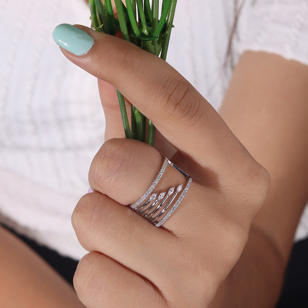 Modern six Layer Silver Ring with Clover Design