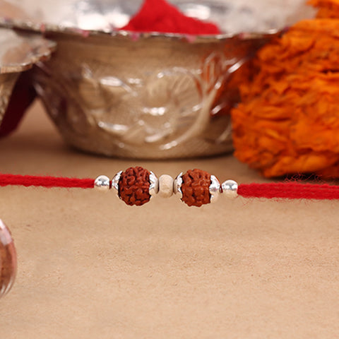 Dual Rudraksh With Chandan Silver Beads Rakhi