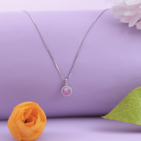 Silver Pink Sapphire Round Shape Pendant With Chain