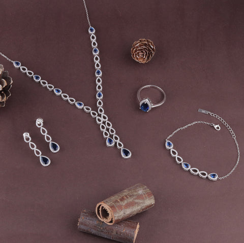 925 Sterling Silver Blue Sapphire Teardrop Jewelry Set for Women
