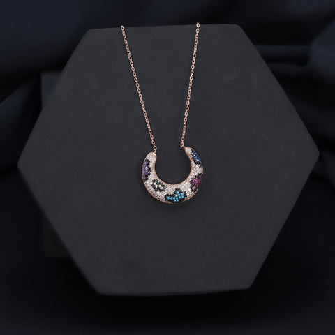 Rose gold rainbow diamond crescent necklace with earrings set