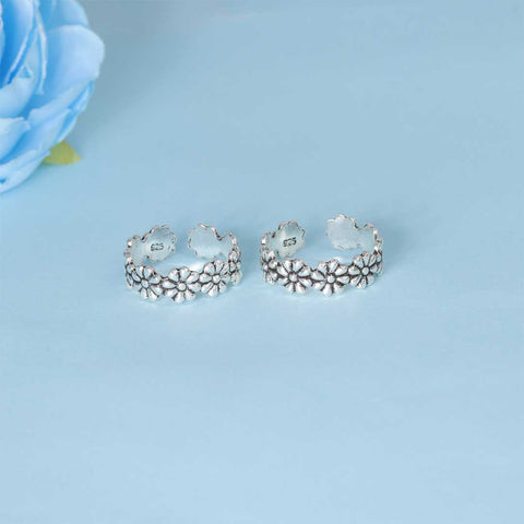 925 Sterling Silver Adjustable Oxidized Flower Toe Ring for Women