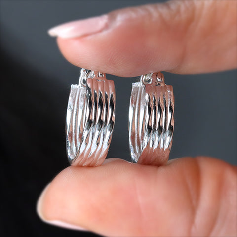 925 Silver Textured Ribbed Hoop Earrings for Women