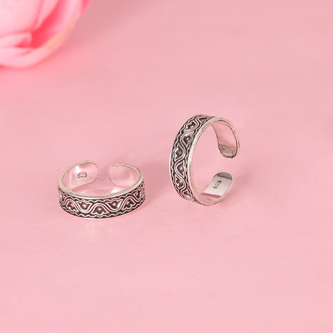 925 Sterling Silver Oxidized Wave Pattern Adjustable Toe Rings for Women