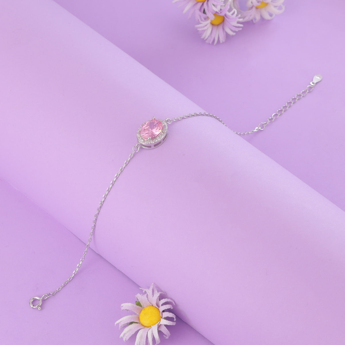 925 Sterling Silver Pink Topaz Halo Bracelet for Women