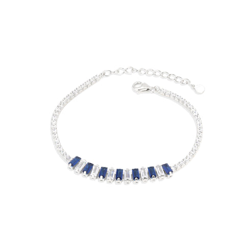 925 Sterling Silver  Blue Sapphire & Zircon Baguette Tennis Bracelet For Women