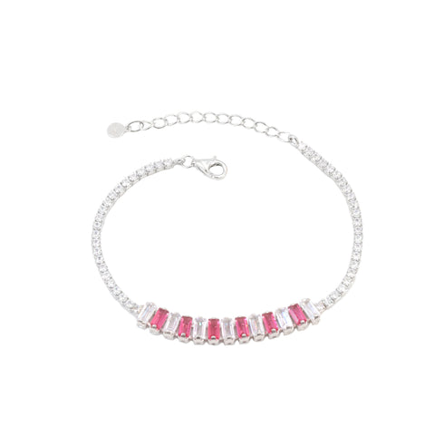 925 Sterling Silver  Pink Sapphire & Zircon Baguette Tennis Bracelet For Women