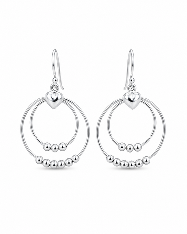 925 Sterling Silver Double Hoop Beaded Heart Drop Earrings for Women