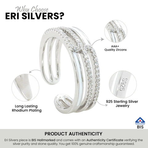 Women Rhodium-Plated Silver-Toned White CZ-Studded Adjustable Finger Ring