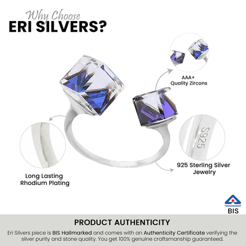Silver Double Cube Shaped Crystals Ring With Adjustable Size