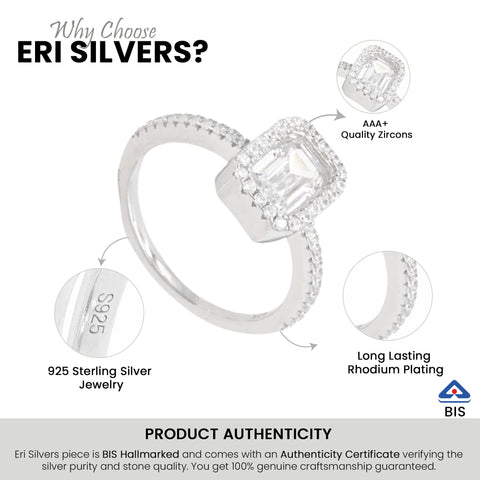 Silver Emerald Cut  Solitaire Ring